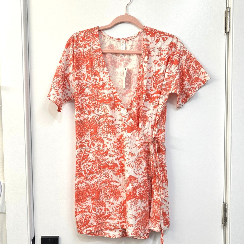 Anthropologie Daily Practice Wrap Romper S Botanical Red Toile Print Euro Summer